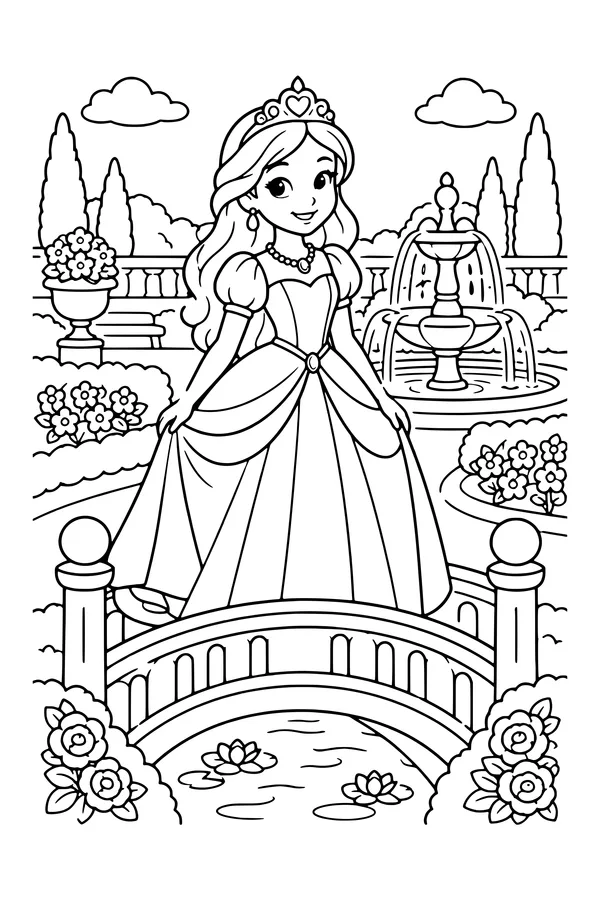 Coloring page of an original princess crossing a small bridge in a formal garden with flowers and a fountain