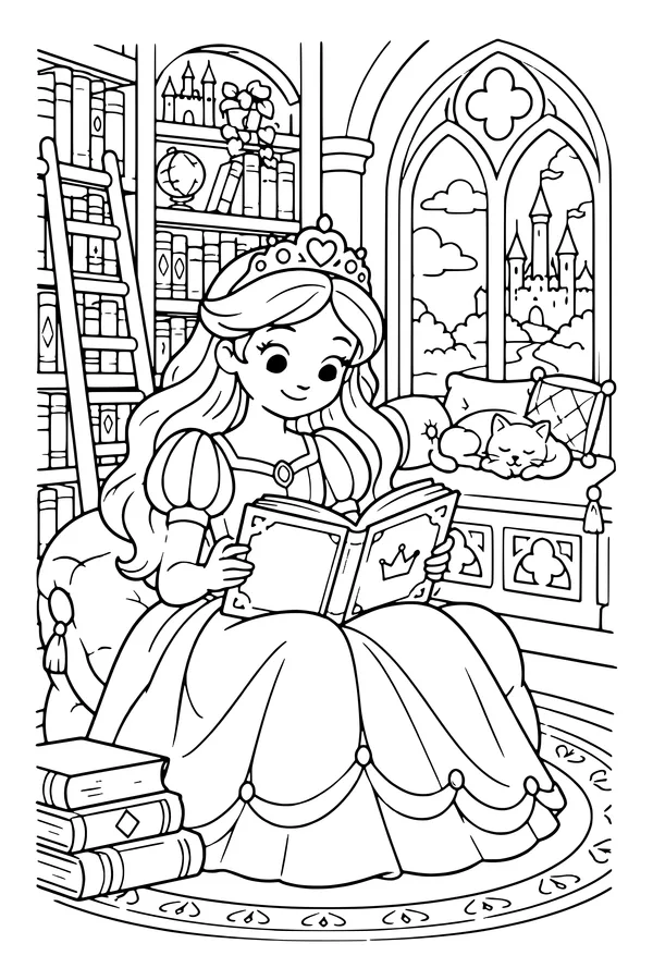 Coloring page of an original princess reading in a castle library with shelves, a ladder and a window seat