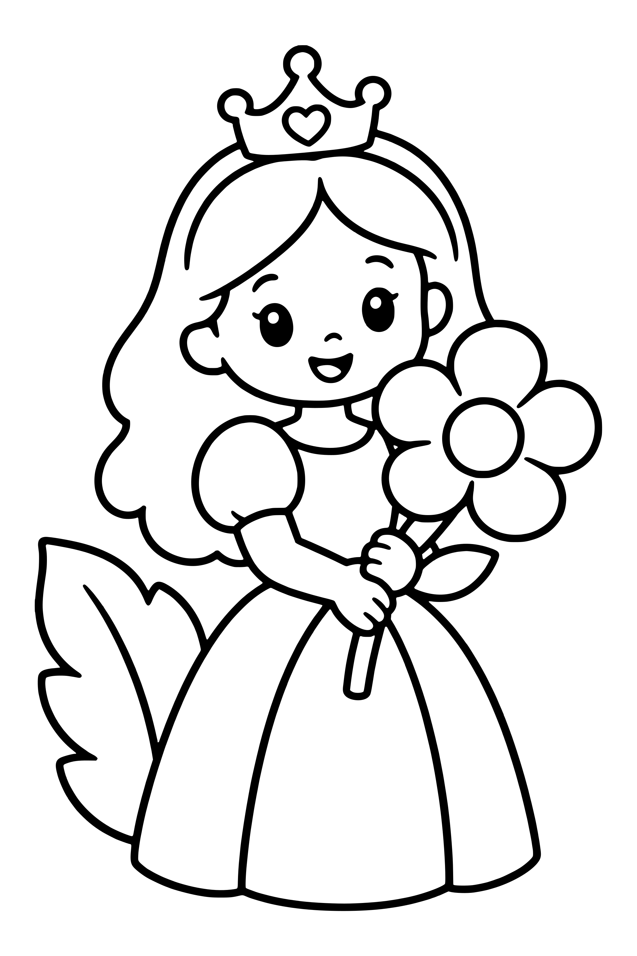 Coloring page of an original princess holding a large flower beside a broad garden leaf