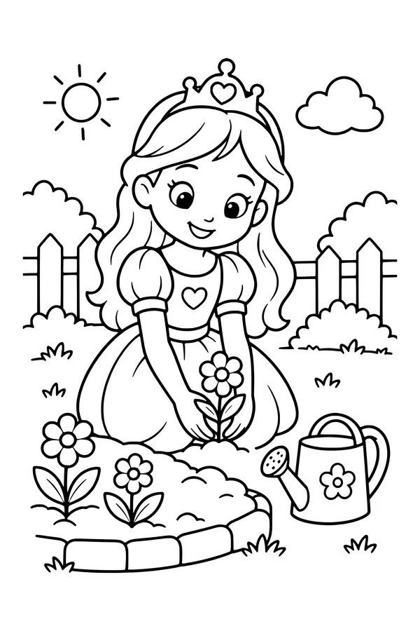Coloring page of an original princess planting flowers beside a small garden bed and watering can