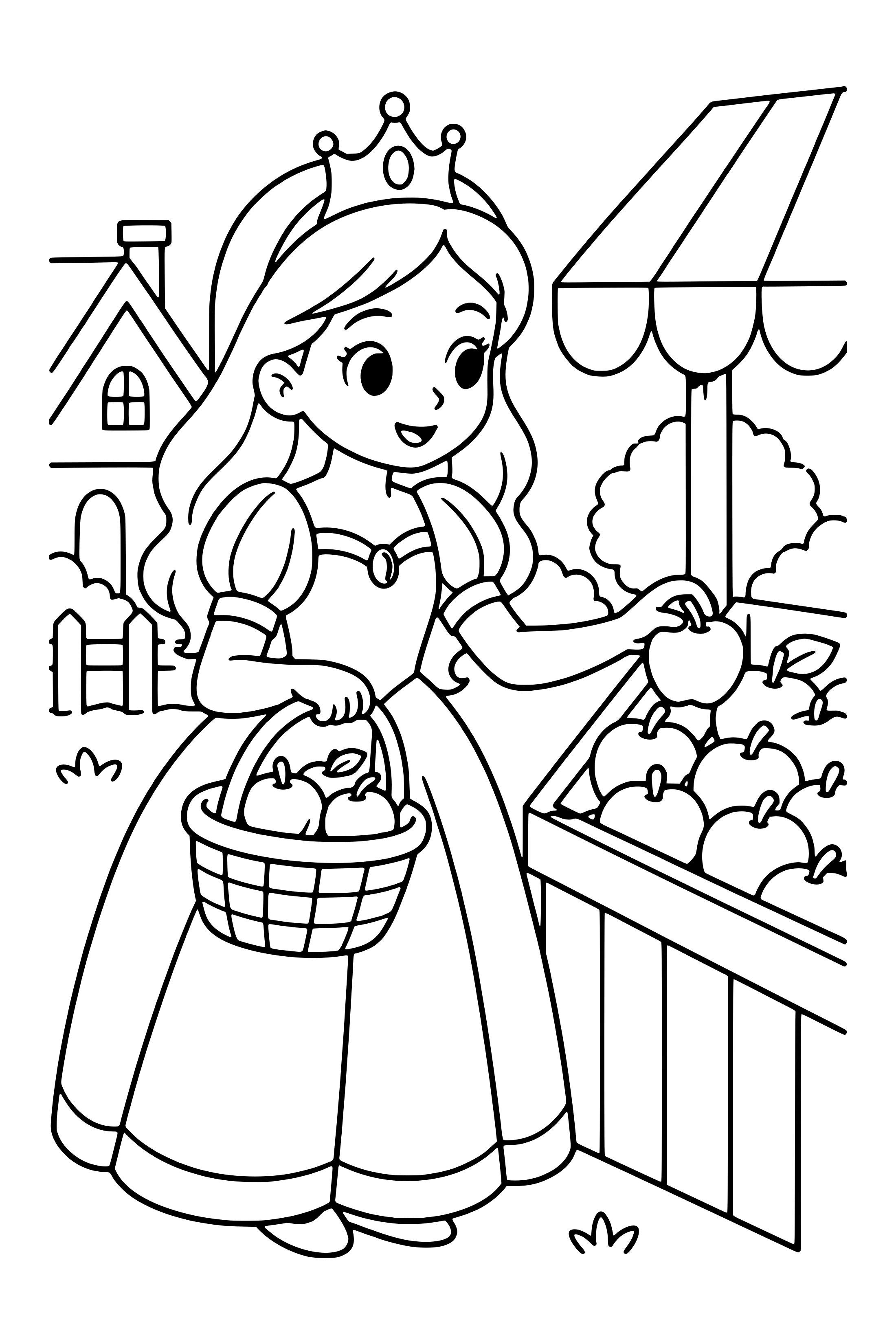 Coloring page of an original princess choosing apples from a small village fruit stall