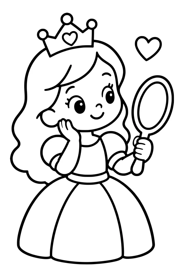 Coloring page of an original princess looking into a simple oval hand mirror
