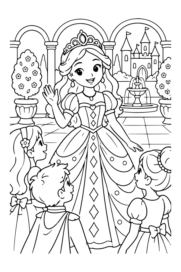 Coloring page of an original princess in a patterned dress greeting friends in a palace courtyard with arches and potted trees