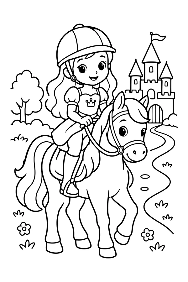 Coloring page of an original princess wearing a riding helmet on a pony along a castle path