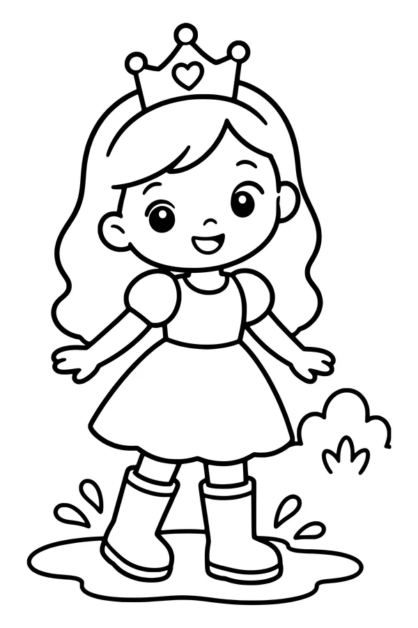 Coloring page of an original princess in a simple dress and rain boots beside a puddle