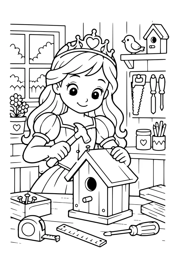 Coloring page of an original princess building a small birdhouse at a workshop bench with safe hand tools nearby