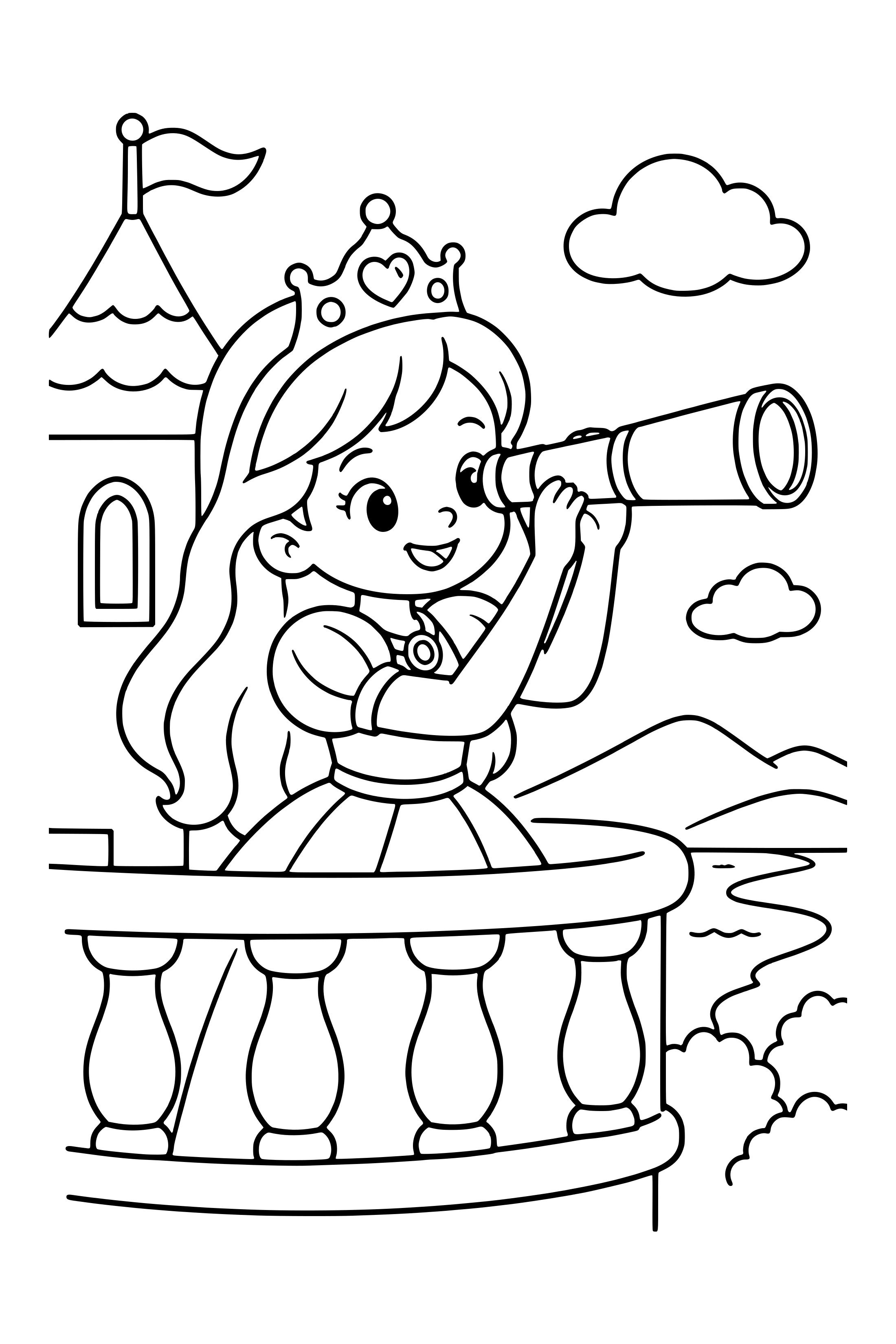 Coloring page of an original princess looking through a telescope on a castle balcony