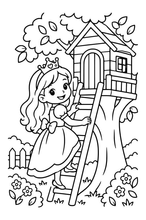 Coloring page of an original princess climbing a short ladder toward a small treehouse in a leafy garden