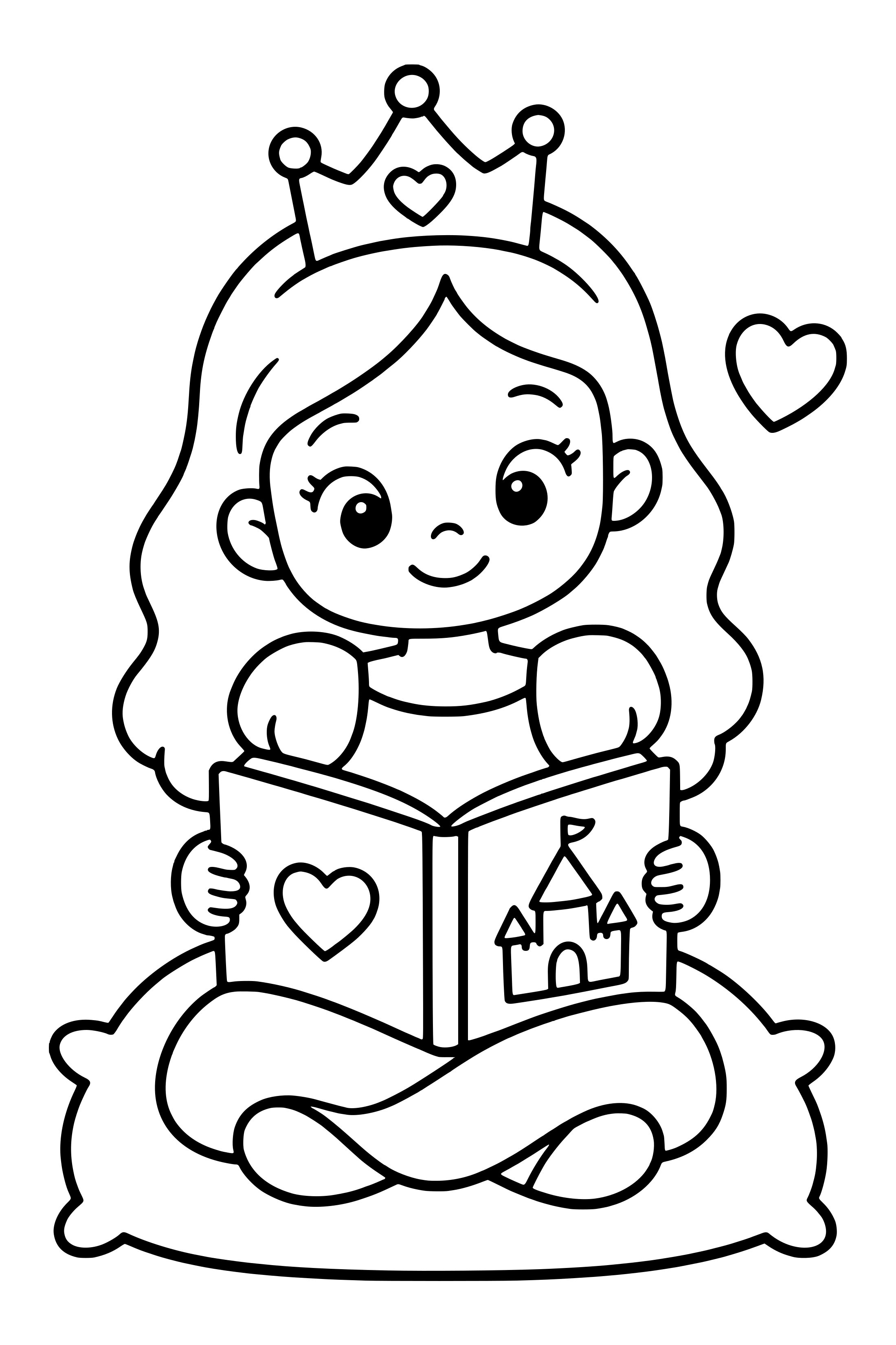 Coloring page of an original young princess sitting on a cushion with a picture book