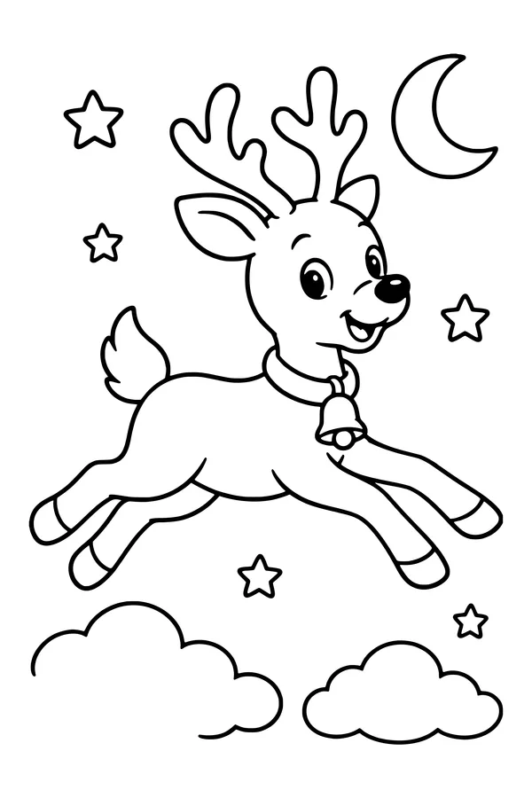 Coloring page of a happy reindeer leaping through the night sky over the clouds