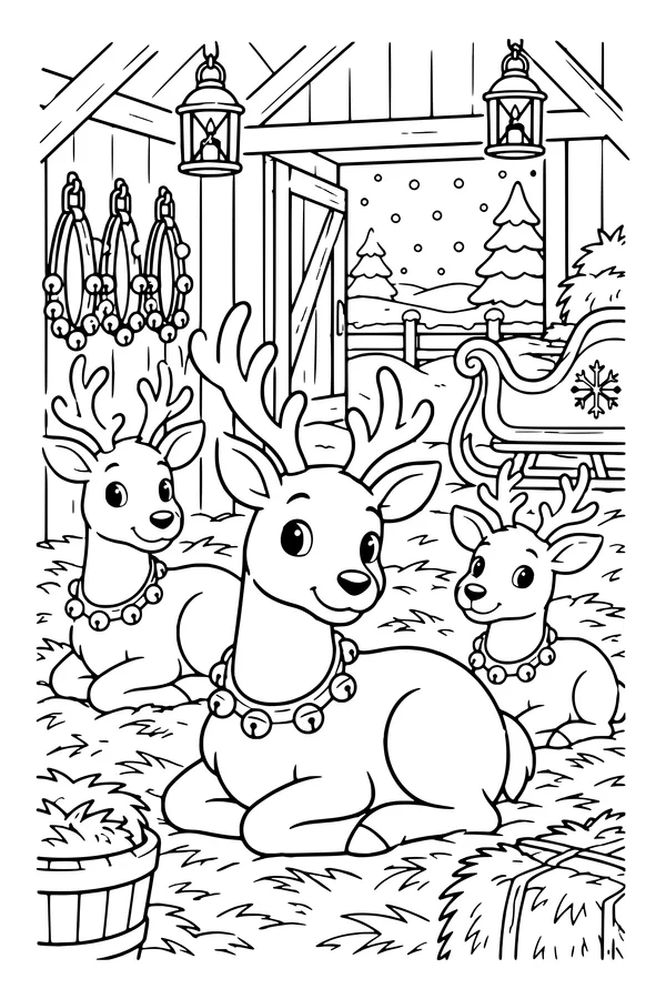 Coloring page of three reindeer resting in a wooden barn with hay, lanterns and a sleigh