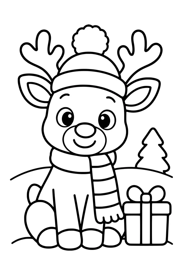 Coloring page of a cute reindeer in a pompom hat and striped scarf next to a present