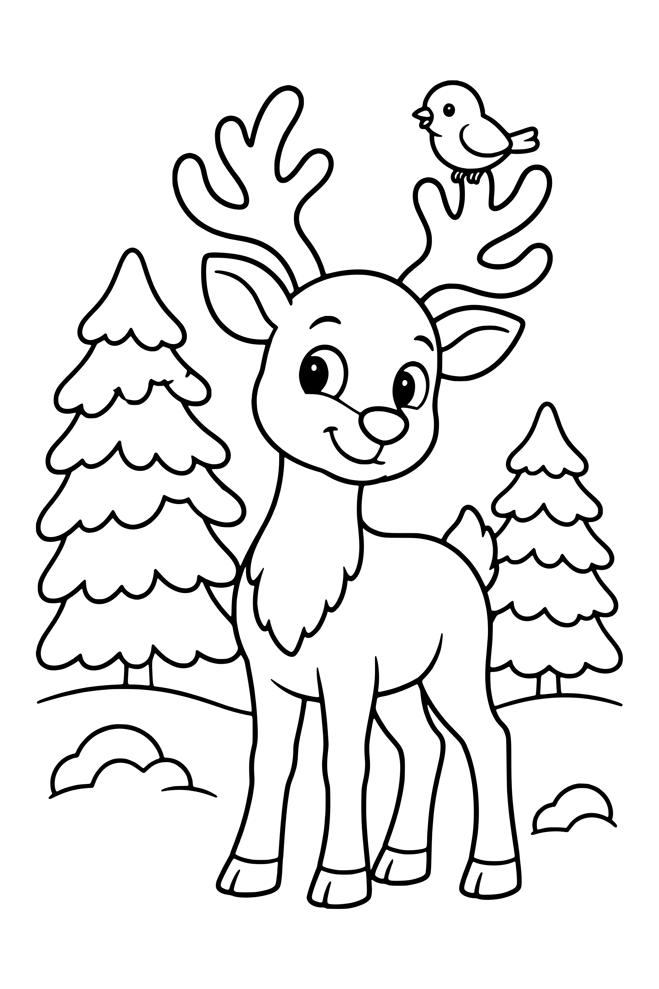 Coloring page of a reindeer in a snowy pine forest with a small bird on its antler