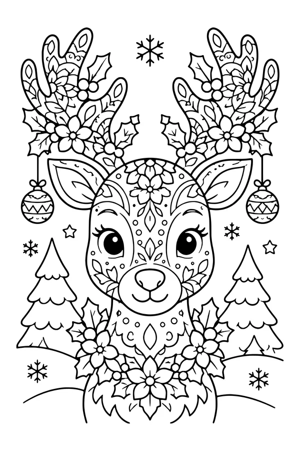 Coloring page of a reindeer head with patterned antlers decorated with flowers and holly