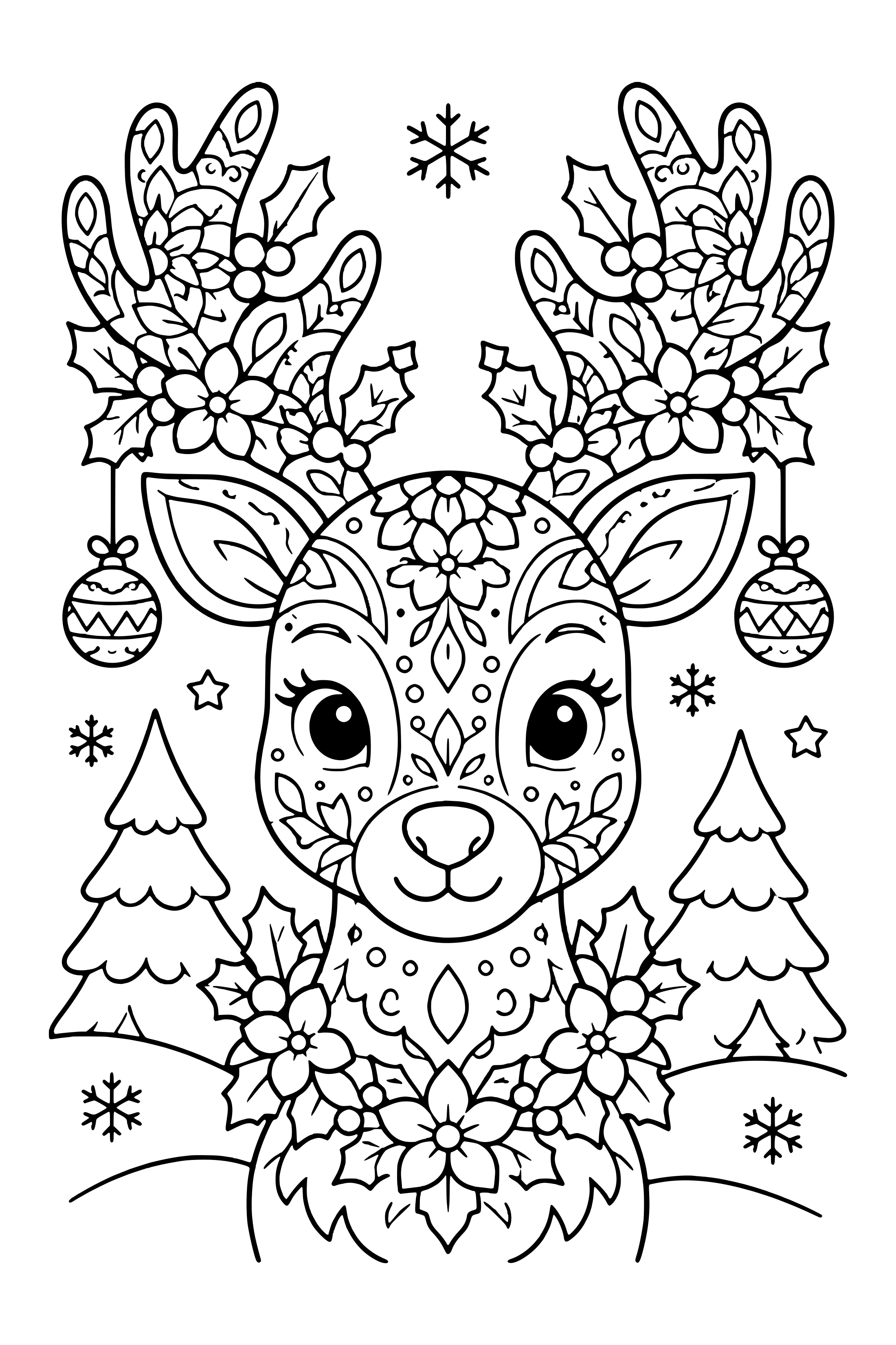 Coloring page of a reindeer head with patterned antlers decorated with flowers and holly