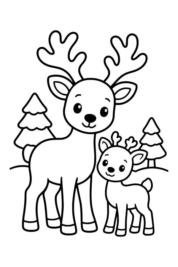 Coloring page of a mother reindeer and her baby standing together in the snow