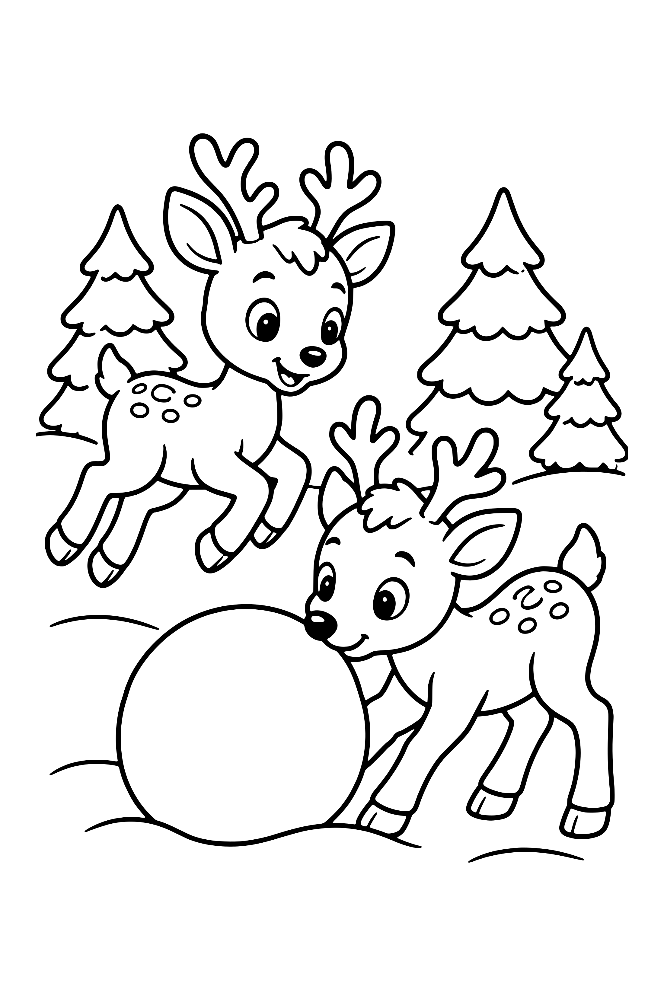 Coloring page of two young reindeer playing in the snow with a big snowball