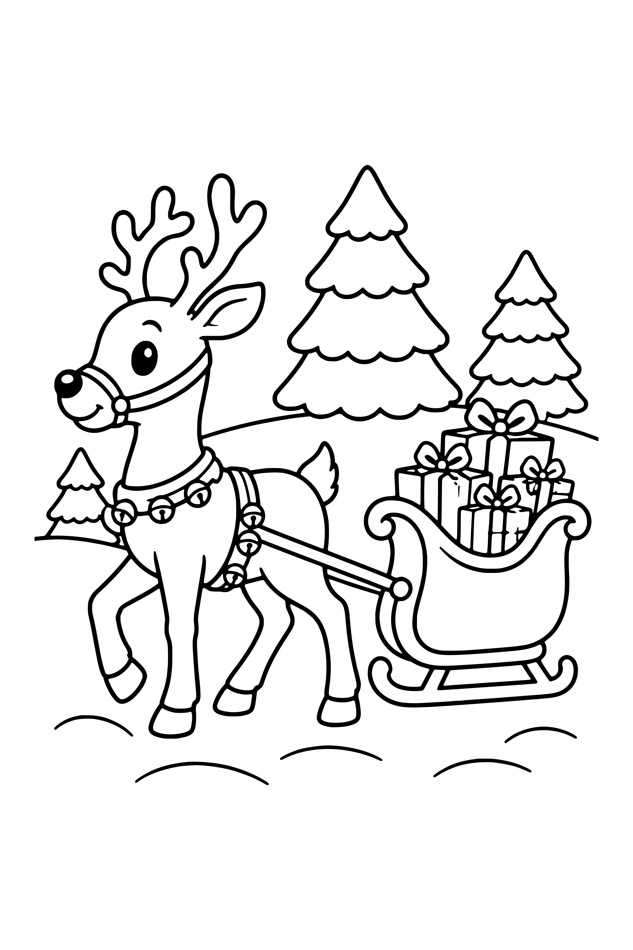 Coloring page of a reindeer pulling a sleigh full of presents through the snow
