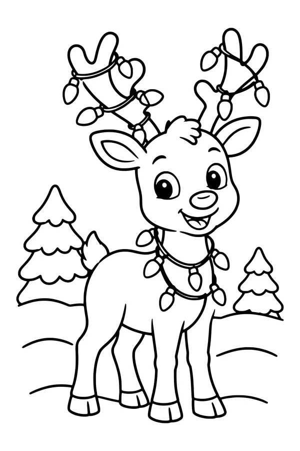 Coloring page of a cheerful reindeer with Christmas lights tangled in its antlers