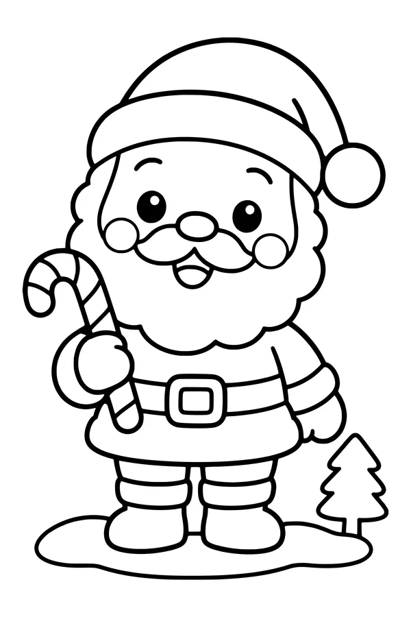 Coloring page of a cute little Santa with a big head holding a candy cane