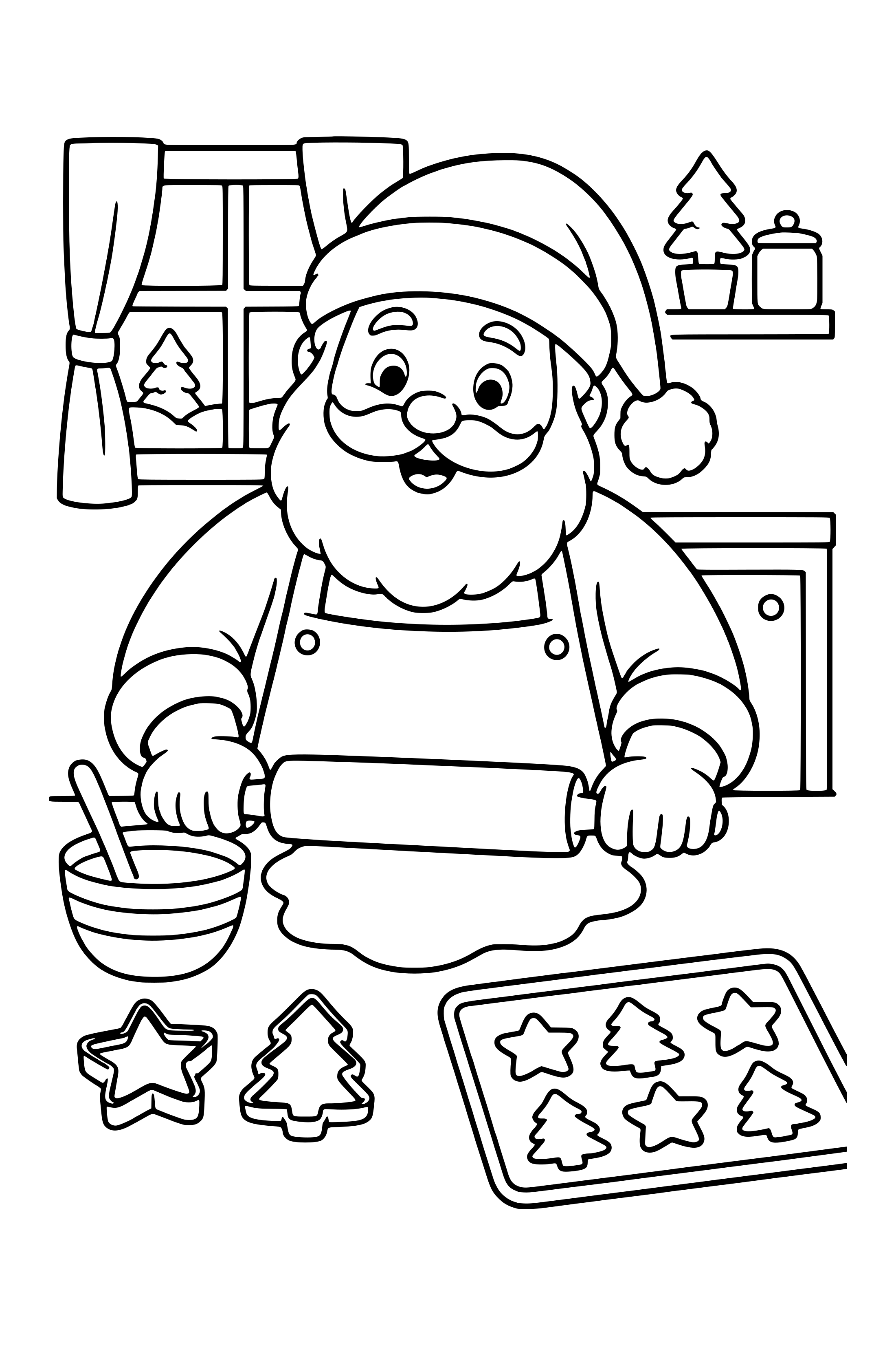 Coloring page of Santa in an apron rolling out cookie dough with cookie cutters