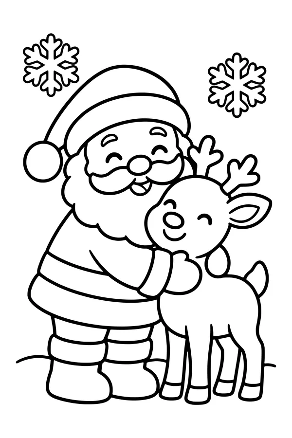 Coloring page of Santa Claus hugging a smiling reindeer in the snow