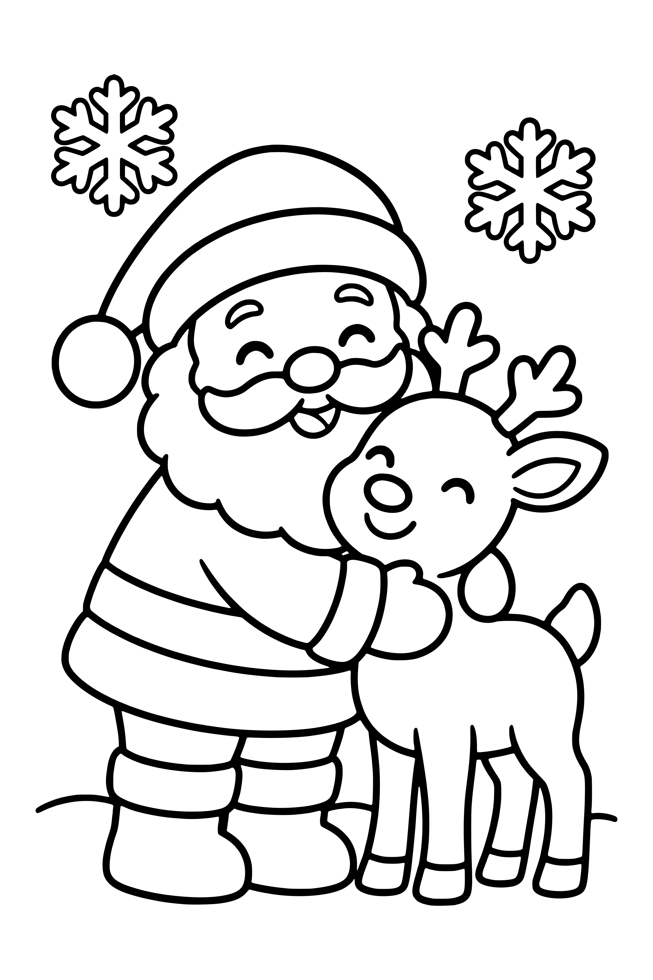 Coloring page of Santa Claus hugging a smiling reindeer in the snow
