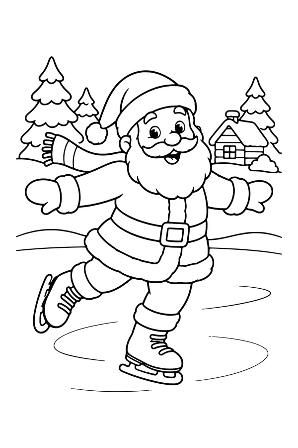 Coloring page of Santa ice skating on a frozen pond with pine trees behind