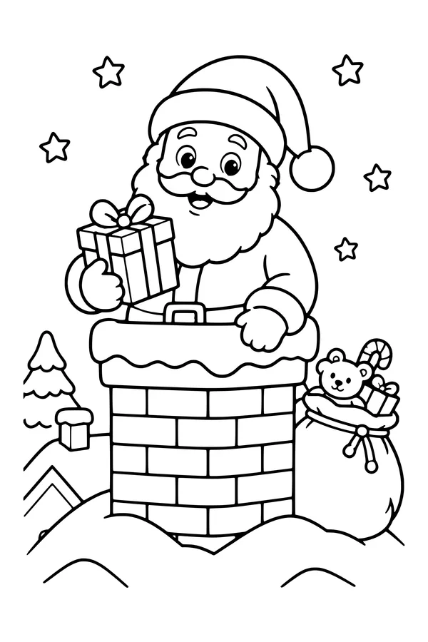 Coloring page of Santa climbing into a brick chimney on a snowy rooftop with a present