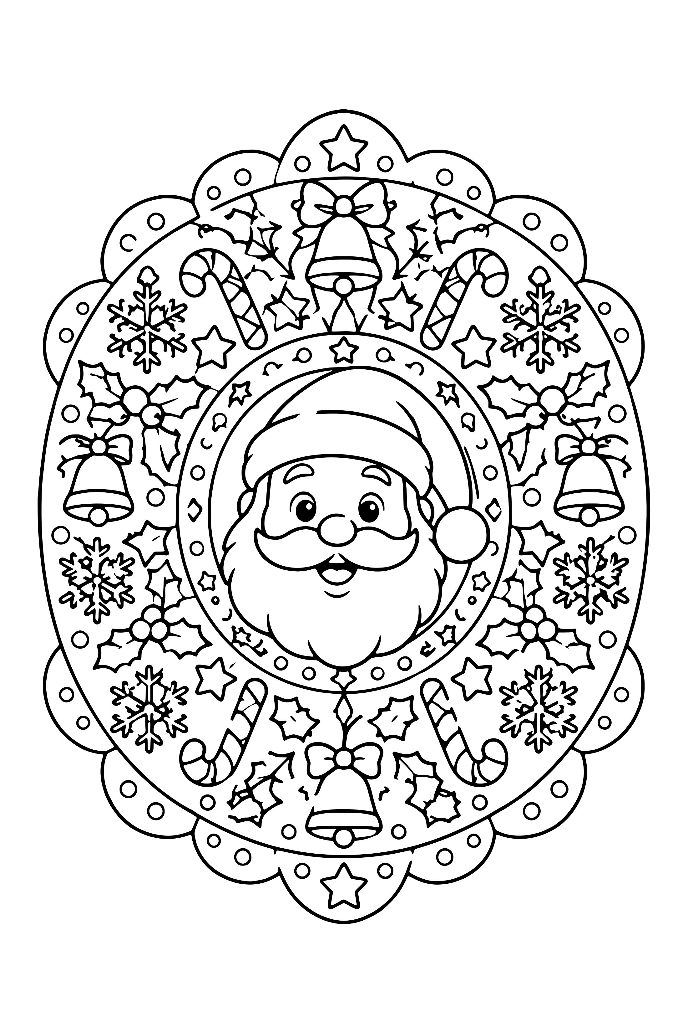 Coloring page of an oval mandala with a Santa face in the center and rings of holiday patterns
