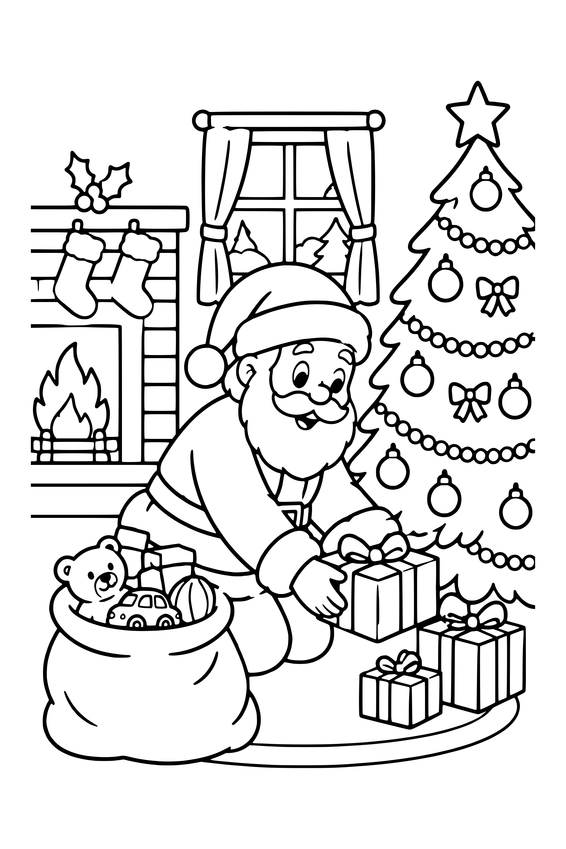 Coloring page of Santa kneeling by a decorated tree and placing presents underneath