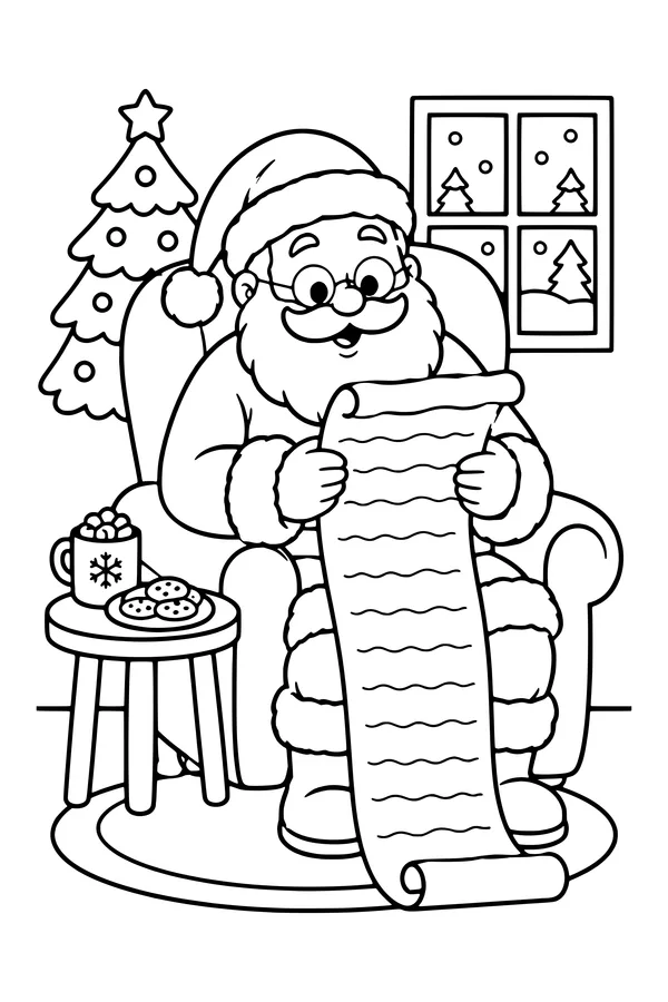 Coloring page of Santa in an armchair reading a long scroll that rolls across the floor