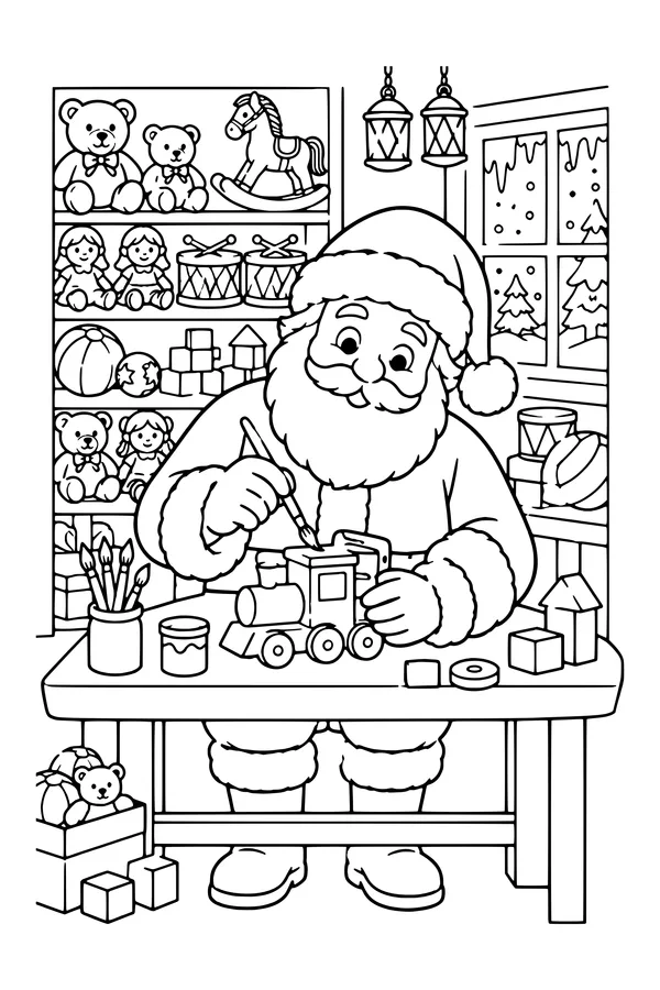 Coloring page of Santa painting a toy train in a workshop with shelves full of toys