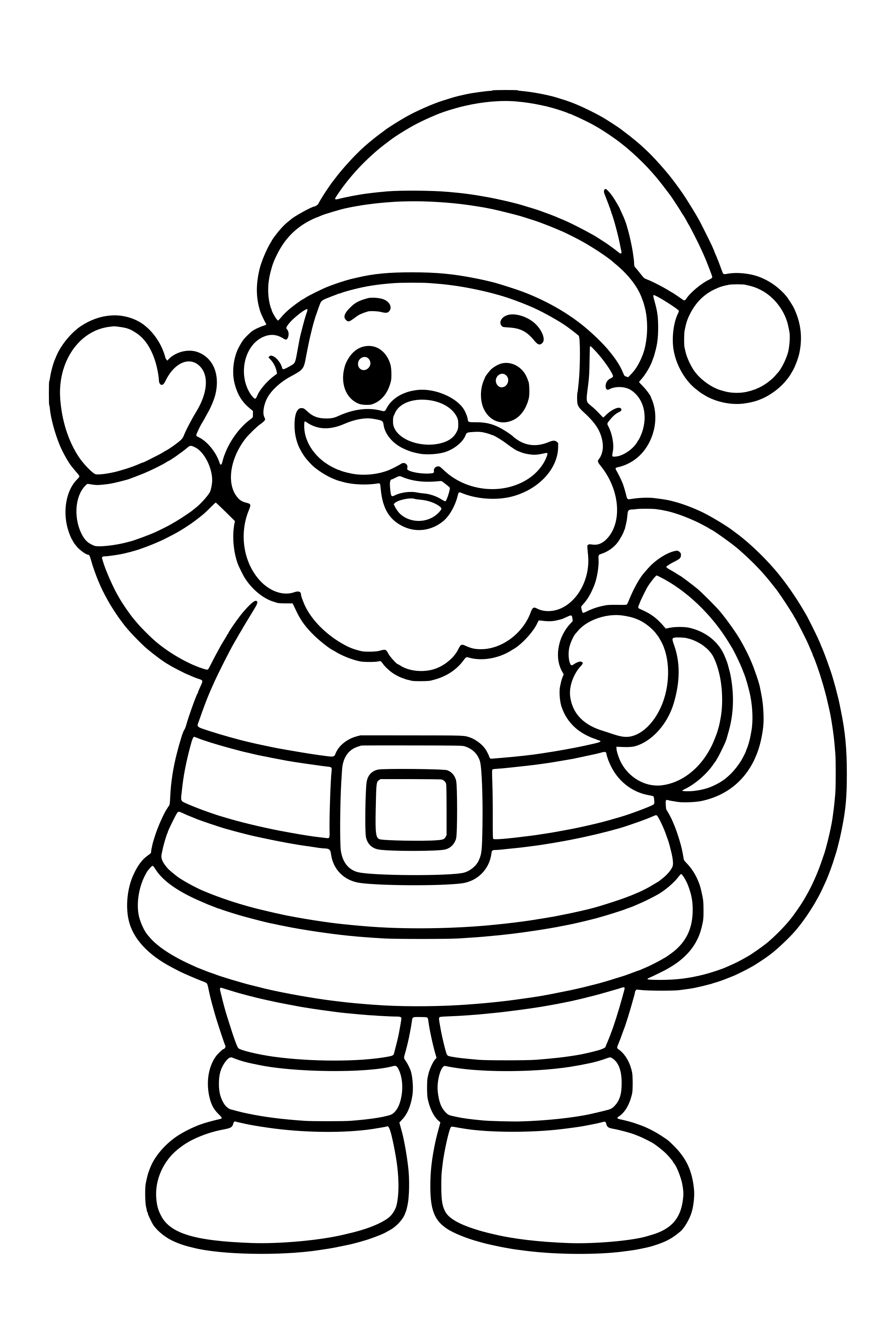 Coloring page of a simple chubby Santa Claus waving, with a sack over his shoulder, a wide belt and big boots