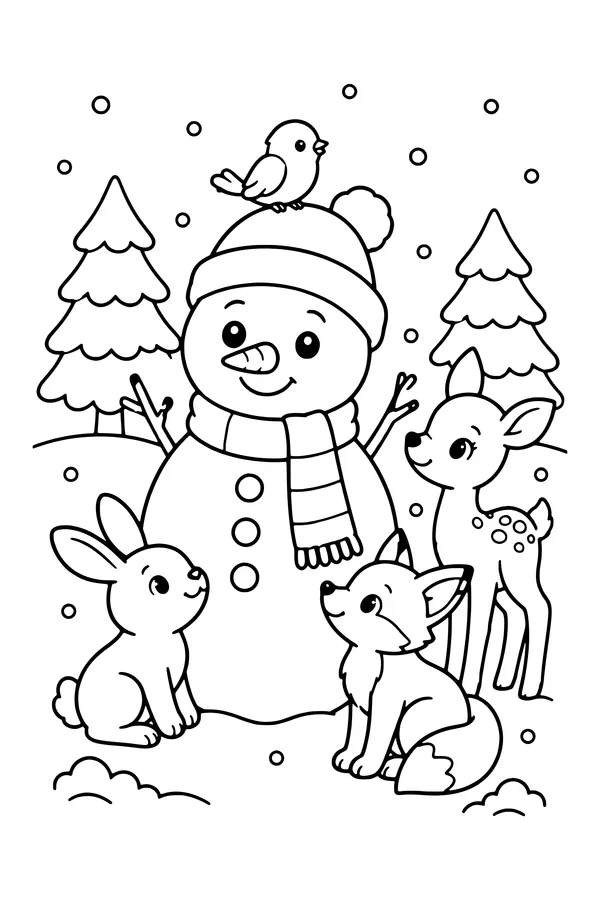 Coloring page of a snowman in the forest with a bunny, a fox, a deer and a bird