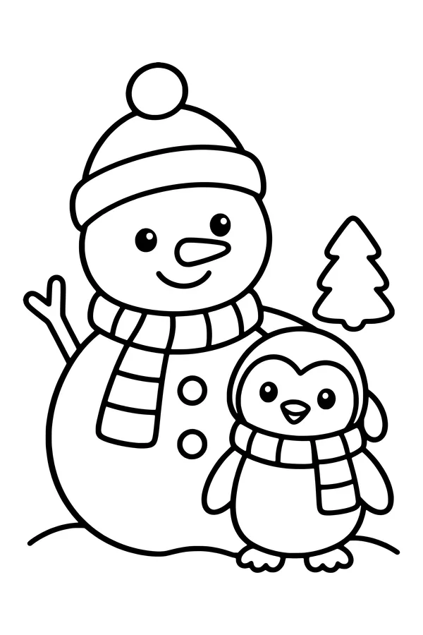 Coloring page of a friendly snowman and a little penguin in matching scarves