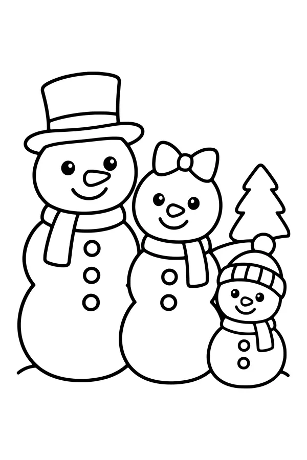 Coloring page of a snowman family of three standing in a row in the snow