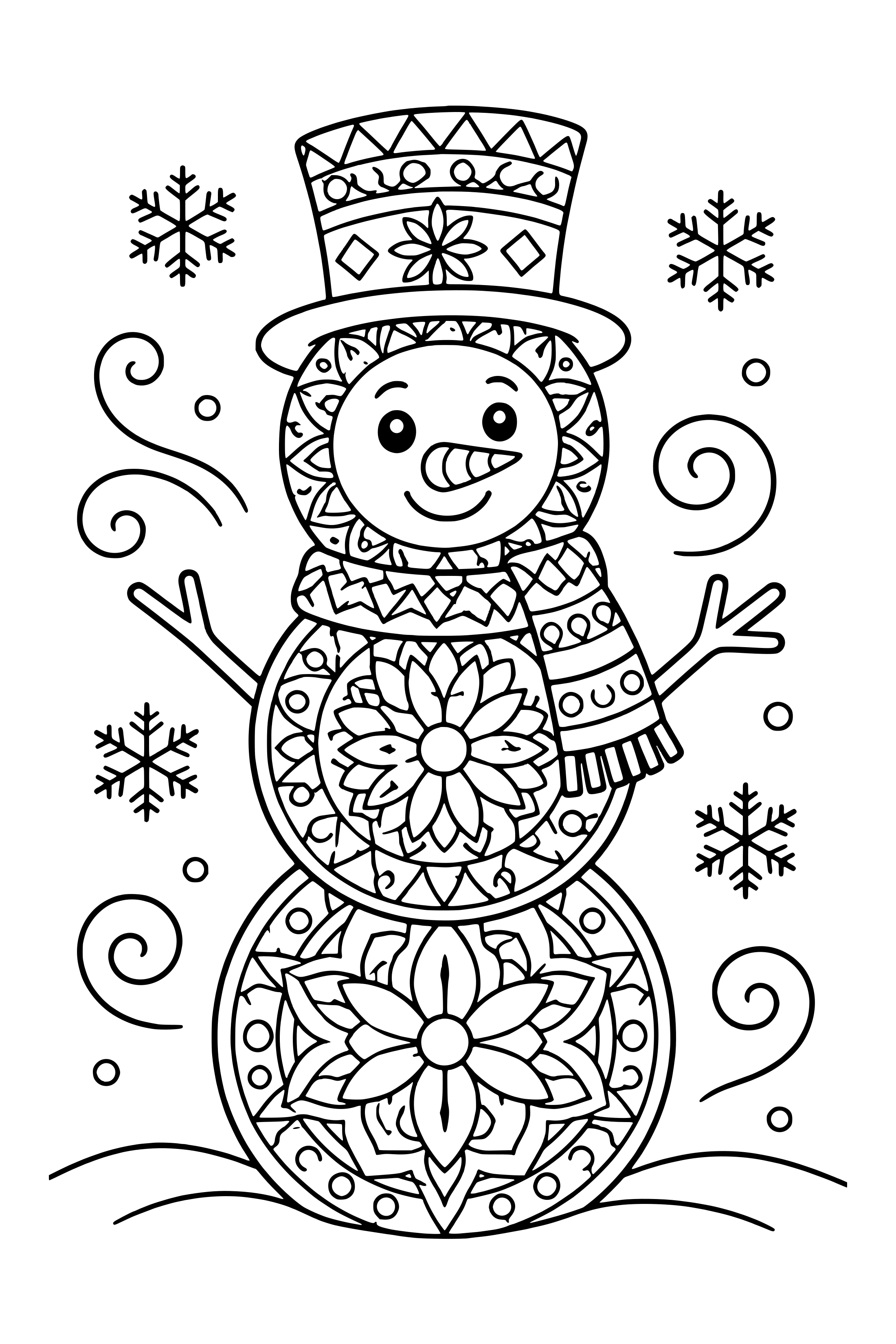 Coloring page of a snowman made of three circles filled with mandala patterns