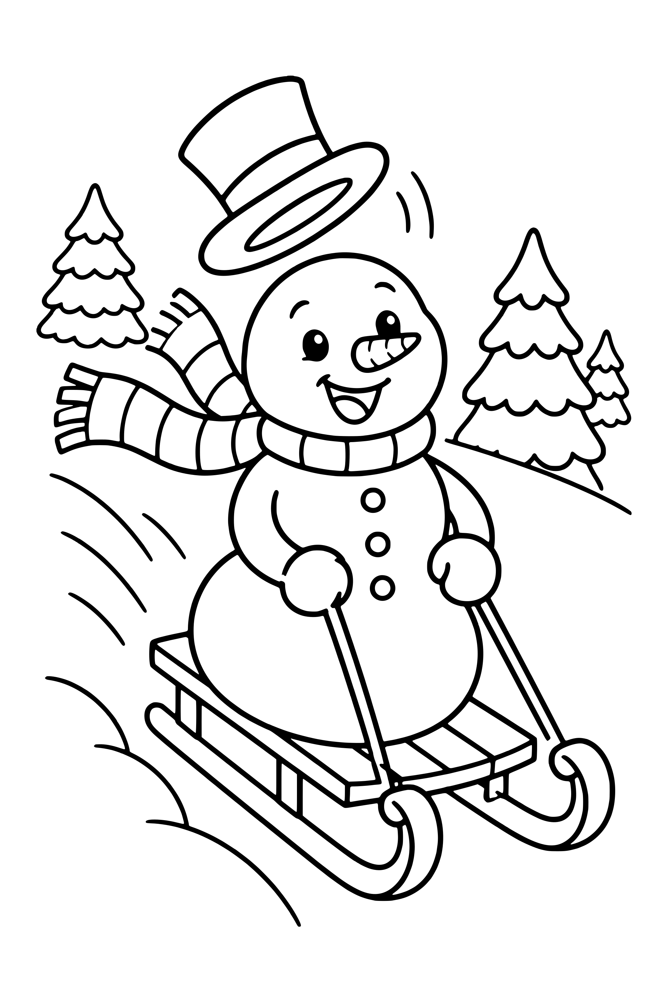 Coloring page of a happy snowman riding a sled down a snowy hill