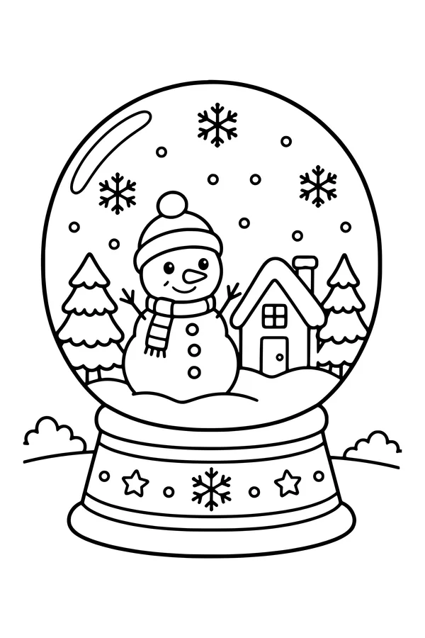 Coloring page of a snow globe with a snowman, a little house and pine trees inside