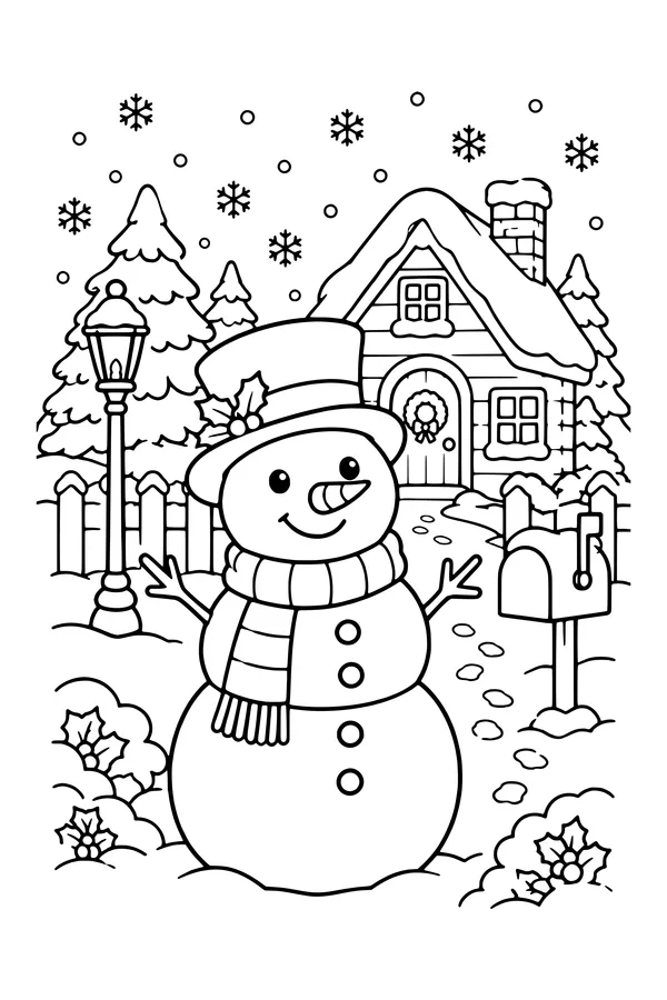 Coloring page of a snowman by the fence of a snowy cottage with a lamppost and pine trees