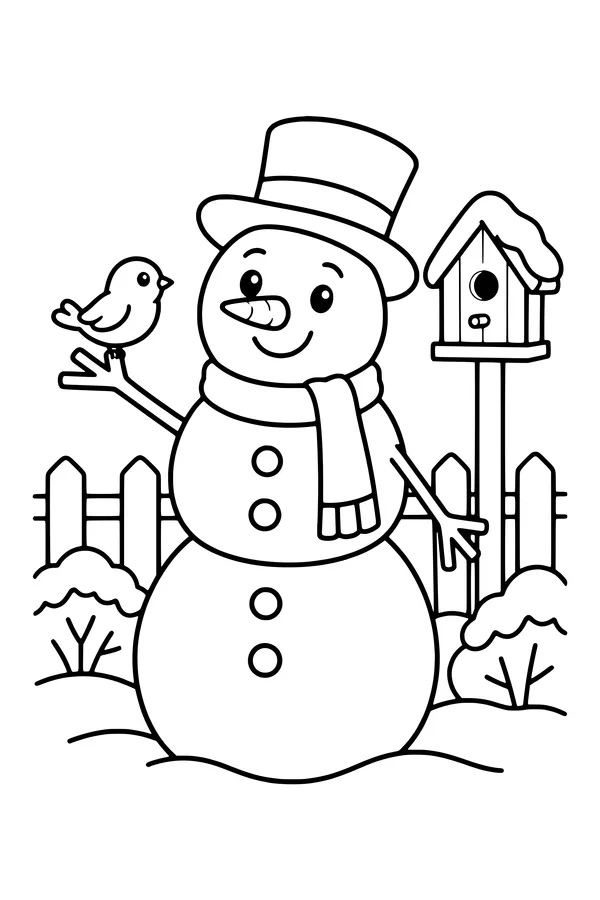 Coloring page of a snowman with a small bird on his stick arm next to a birdhouse
