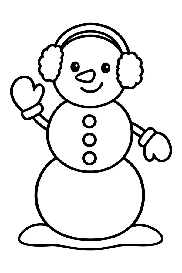Coloring page of a round snowman in earmuffs and mittens waving