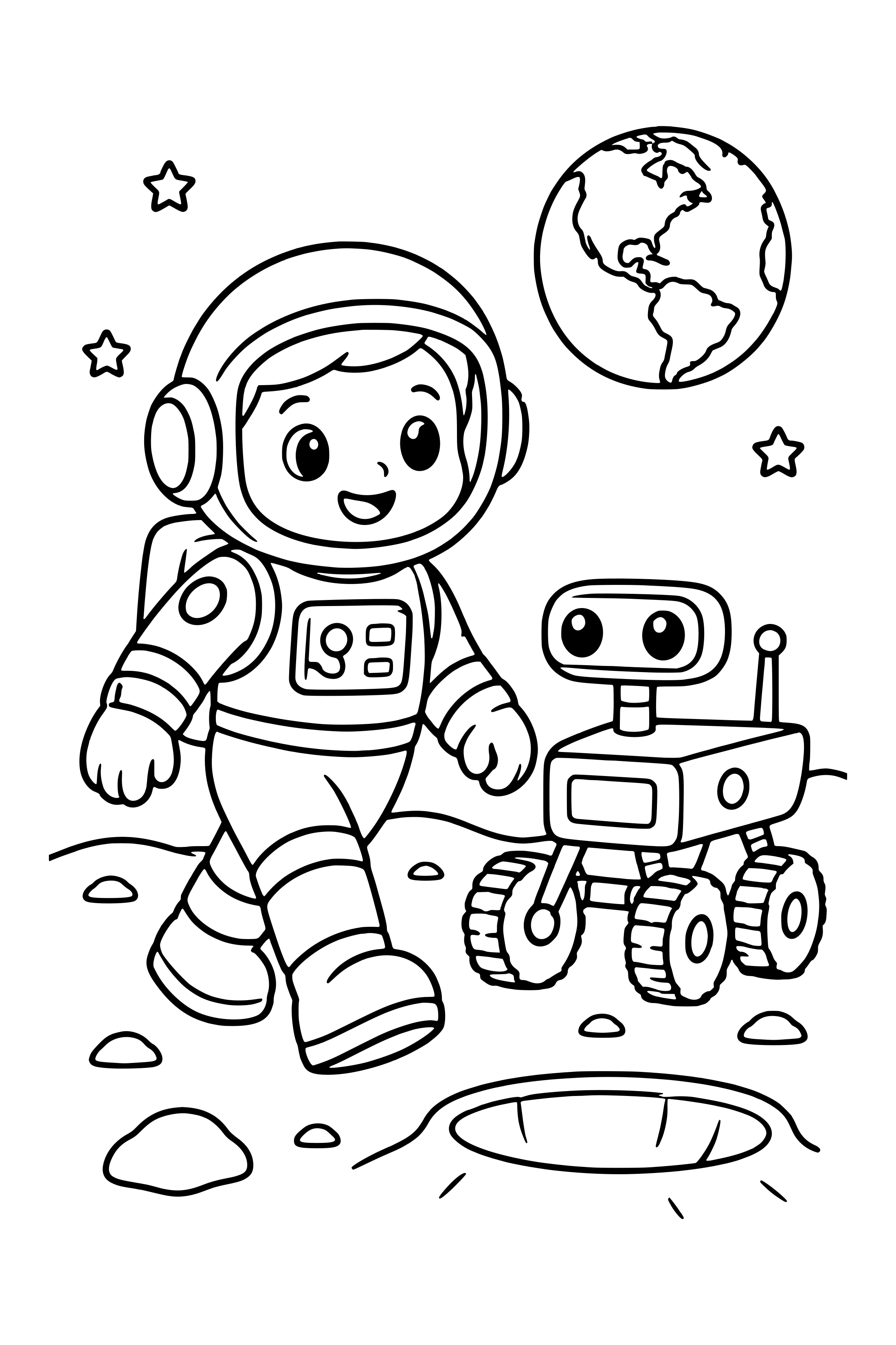 Coloring page of an astronaut walking beside a rover near a crater with Earth in the sky