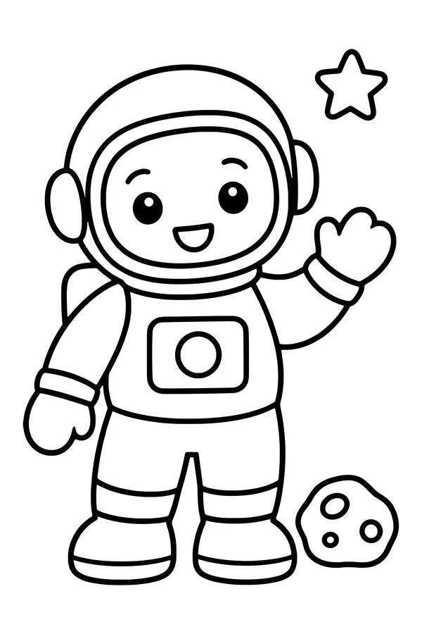 Coloring page of an astronaut in a rounded spacesuit waving beside a small moon rock