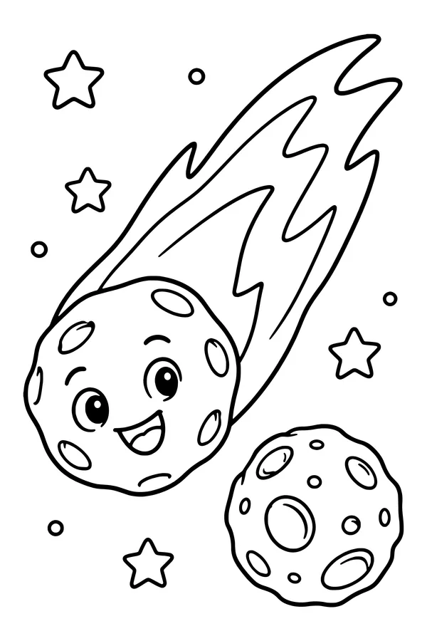Coloring page of a bright comet with a flowing tail passing a rocky moon