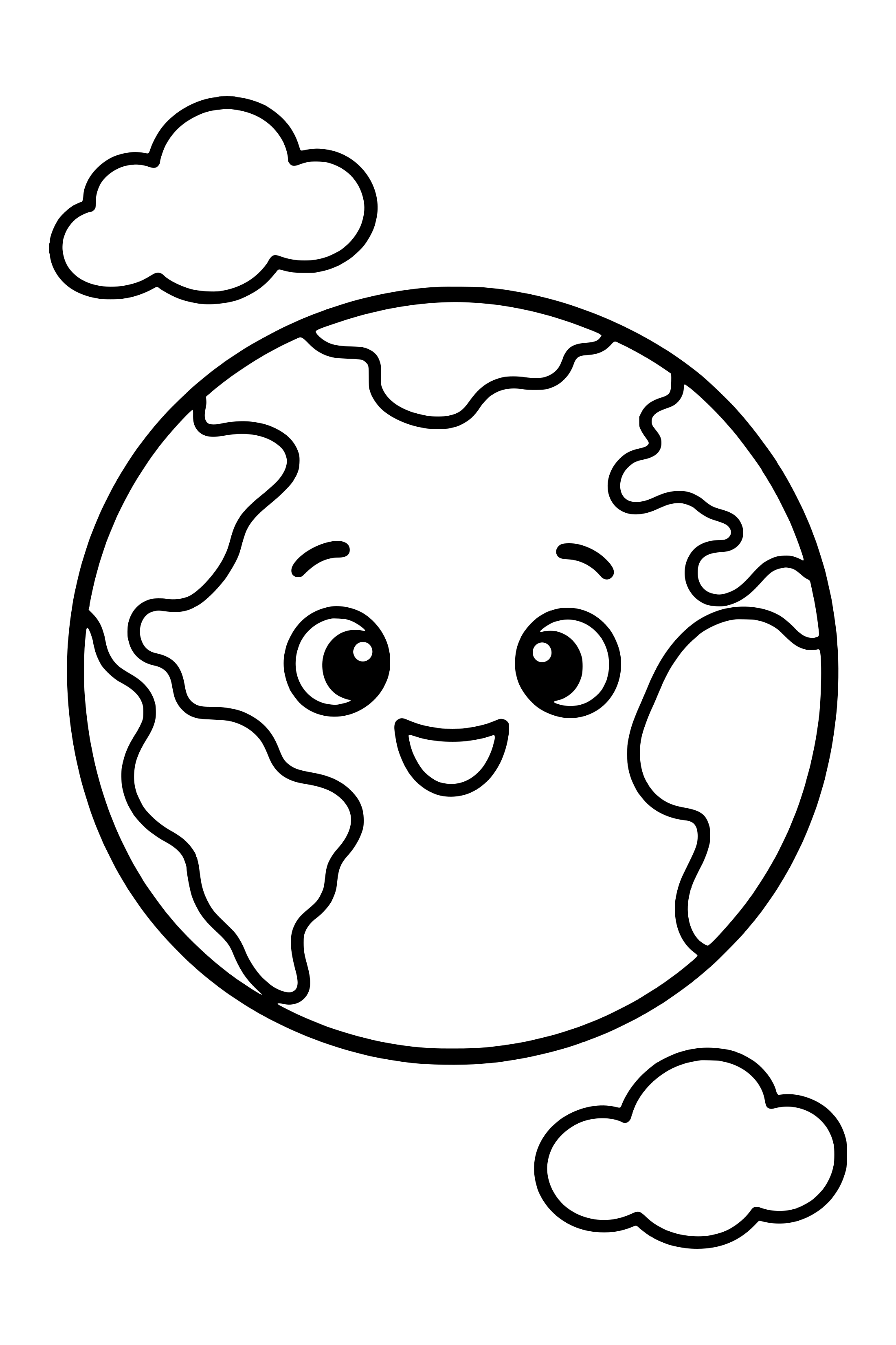 Coloring page of a simple round Earth with recognizable broad land areas and clouds