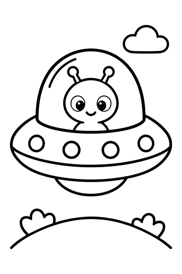 Coloring page of a rounded flying saucer with a clear dome and small lights above a hill