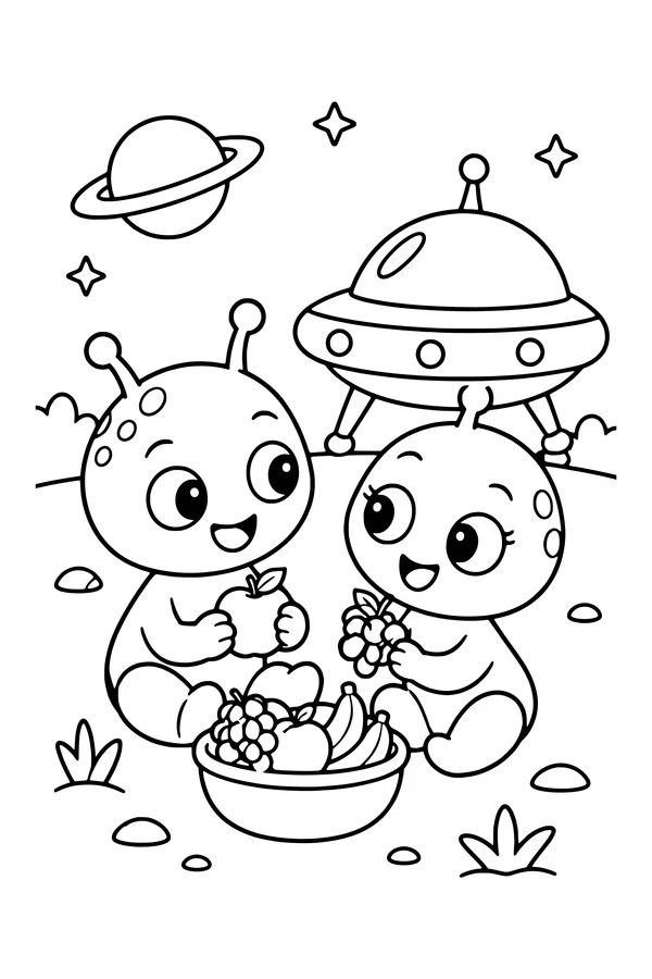 Coloring page of two original friendly round aliens sharing fruit beside their little spacecraft