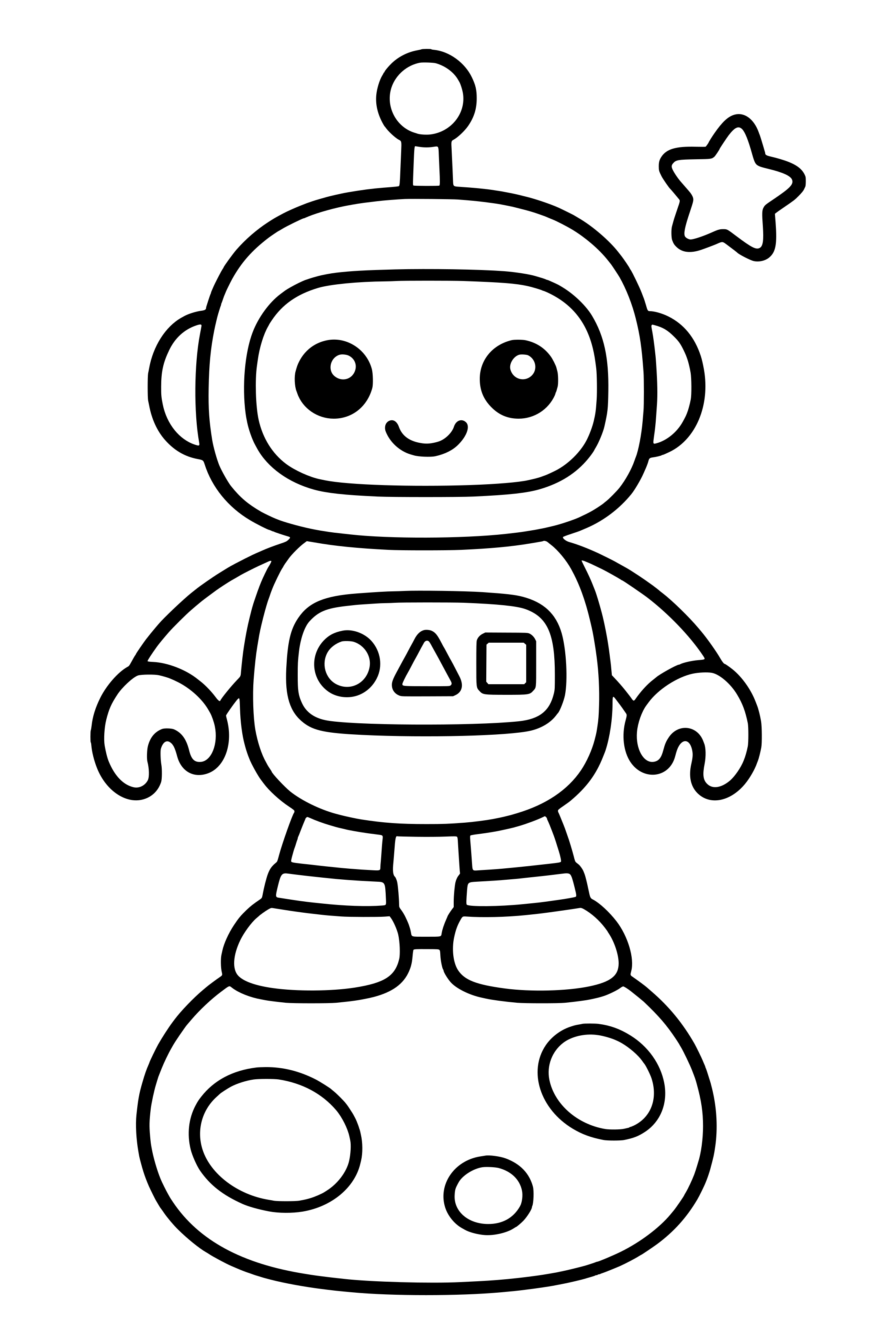 Coloring page of a rounded robot with an antenna and simple control buttons standing on a small planet